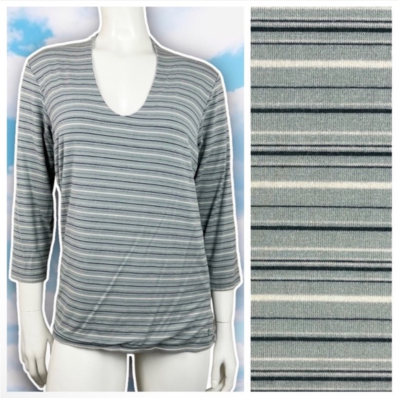 ❤️ COLUMBIA Modal Lycra Blend Three-Quarter Sleeve V-neck Striped Soft Tee Retro - Picture 1 of 11